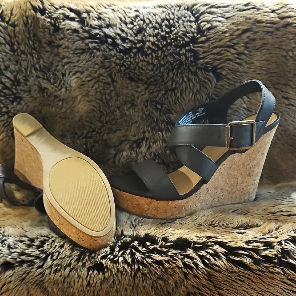 Rampage Black Wedge Sandals with Cork Heel